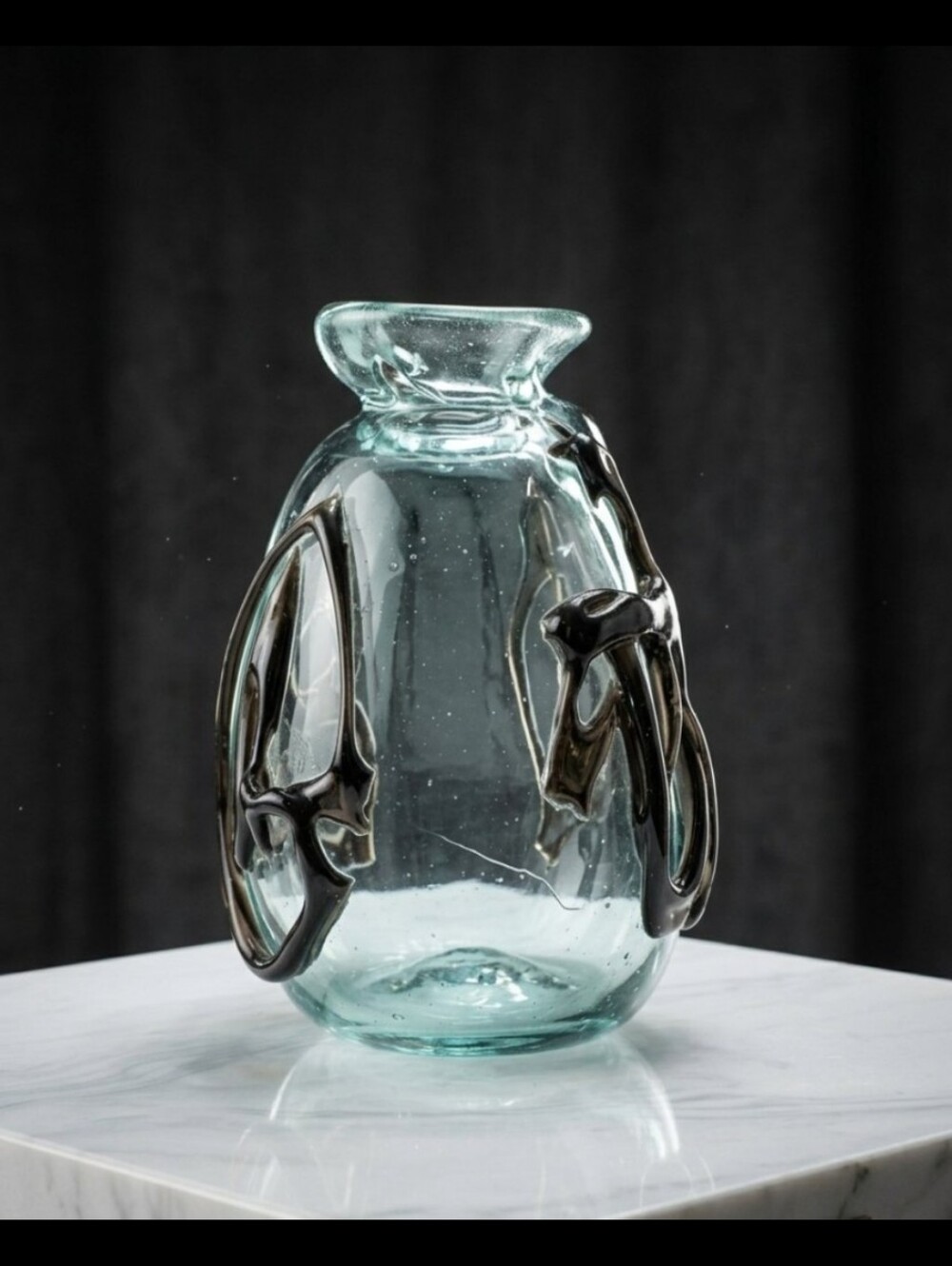 Rare 1969 Yelvington Signed Studio Art Glass Aqua & Dark-Trailed Organic Vase